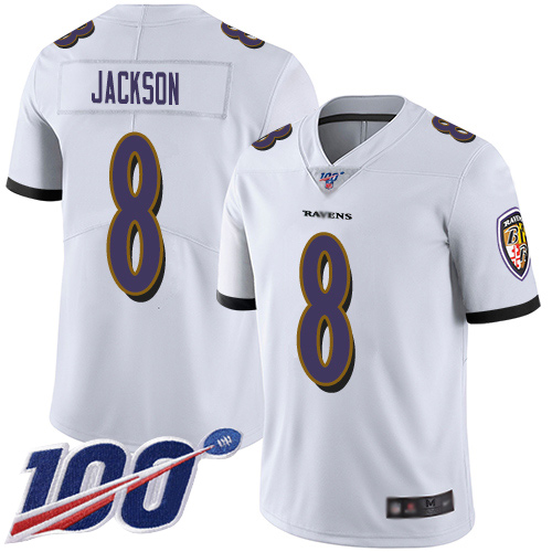 Baltimore Ravens Limited White Men Lamar Jackson Road Jersey NFL Football #8 100th Season Vapor Untouchable->youth nfl jersey->Youth Jersey